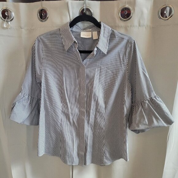 CHicos Womens Top Small Gray White Stripe Button Up Flounce Sleeve Cotton 16668 - Picture 1 of 8